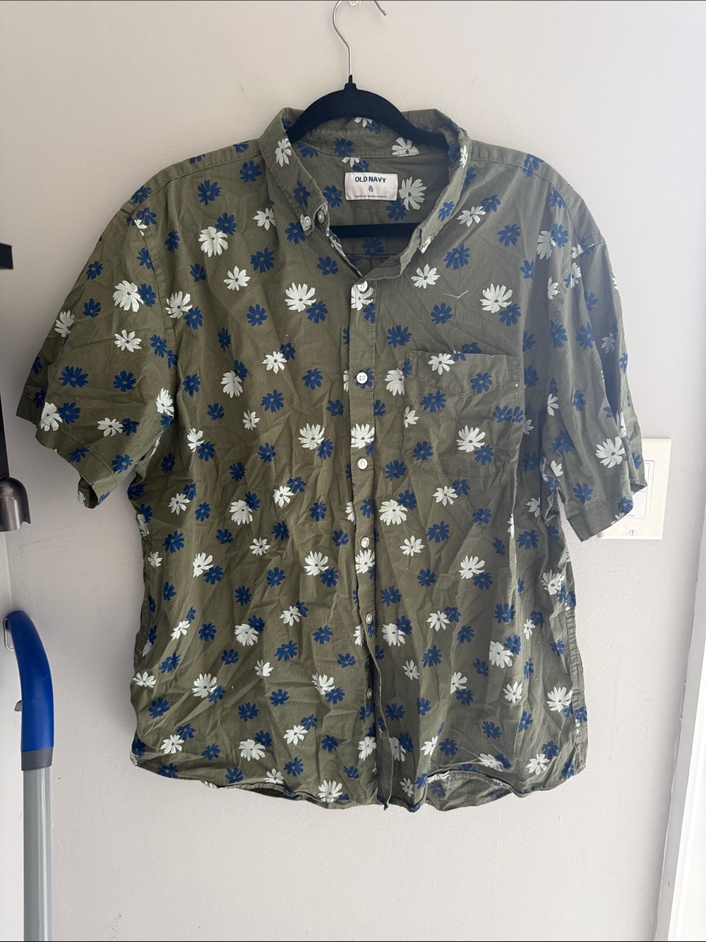 Old Navy Olive Green Short-Sleeve Button-Down with Blue & White Floral Print